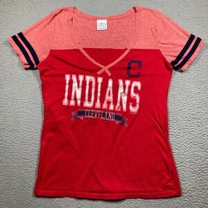 Cleveland Indians Top Women's‎ Large Red V Neck Short Sleeve Lightweight Raw Hem